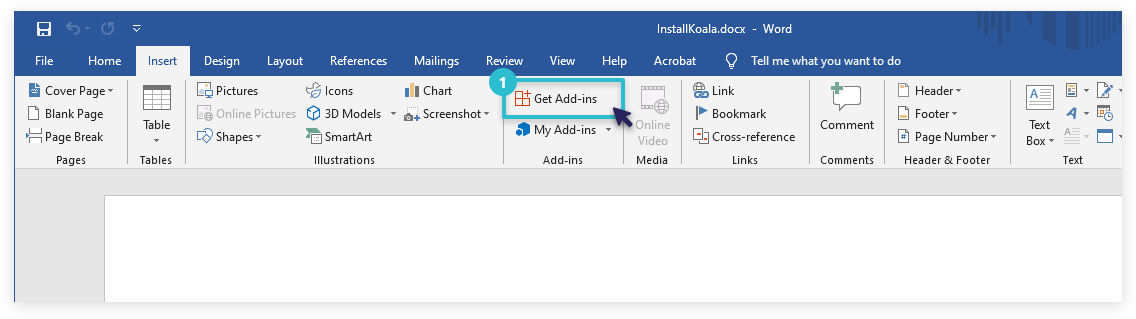 Microsoft Word ribbon showing Insert tab with Get Add-ins button highlighted