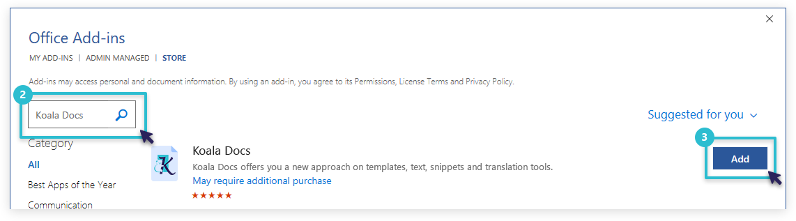 Office Add-ins store showing Koala Docs search result with Add button