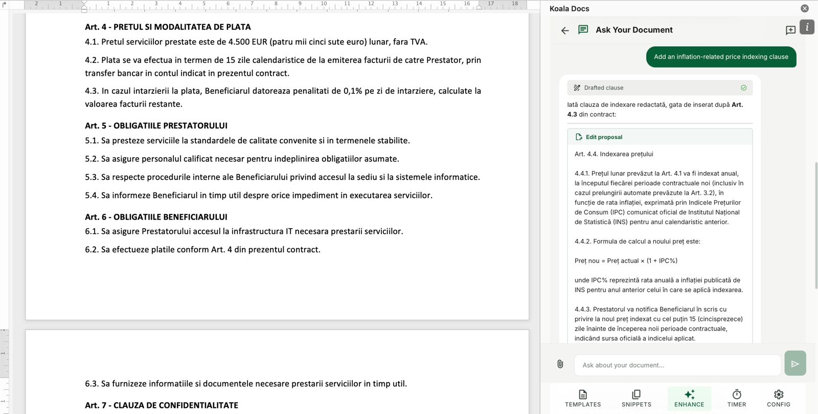 Koala Docs Ask Your Document feature drafting an indexation clause for a service contract