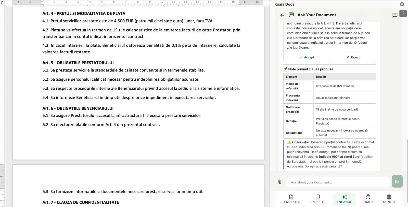 Koala Docs Ask Your Document reviewing a drafted clause with accept and reject options