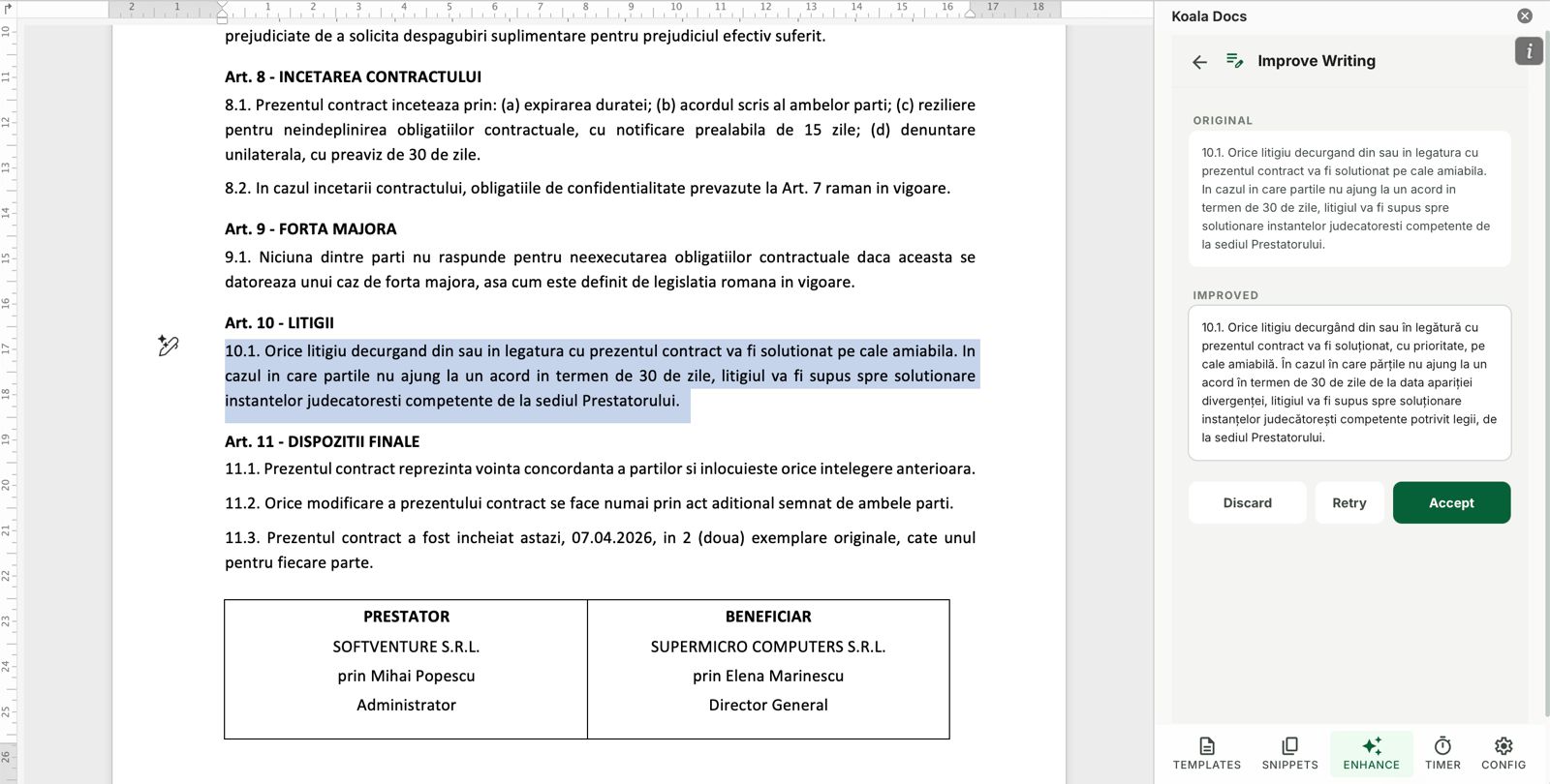 Automated service contract created with Koala Docs in Microsoft Word