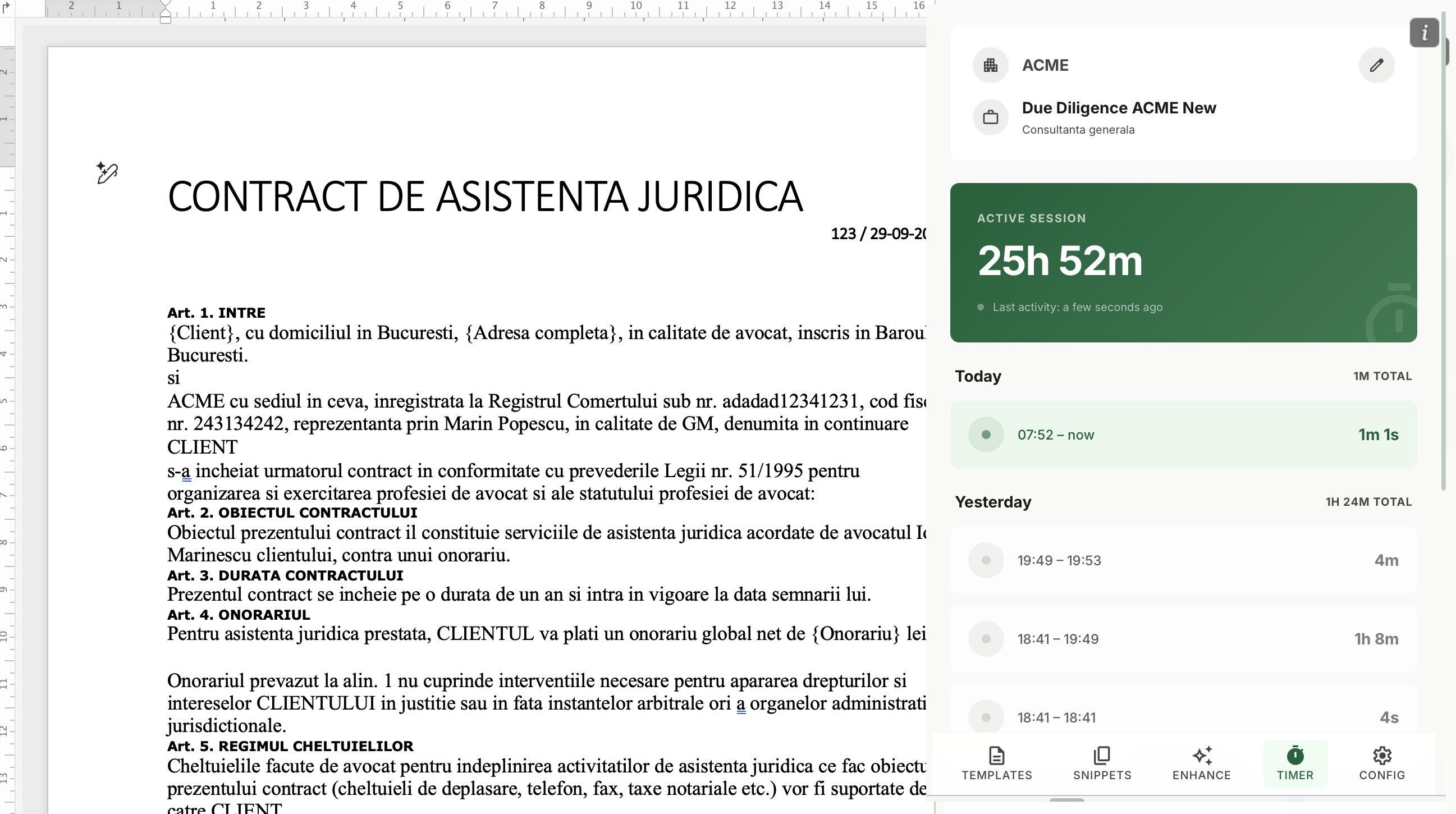 Koala Docs time tracker showing 25 hours on a legal contract in Microsoft Word