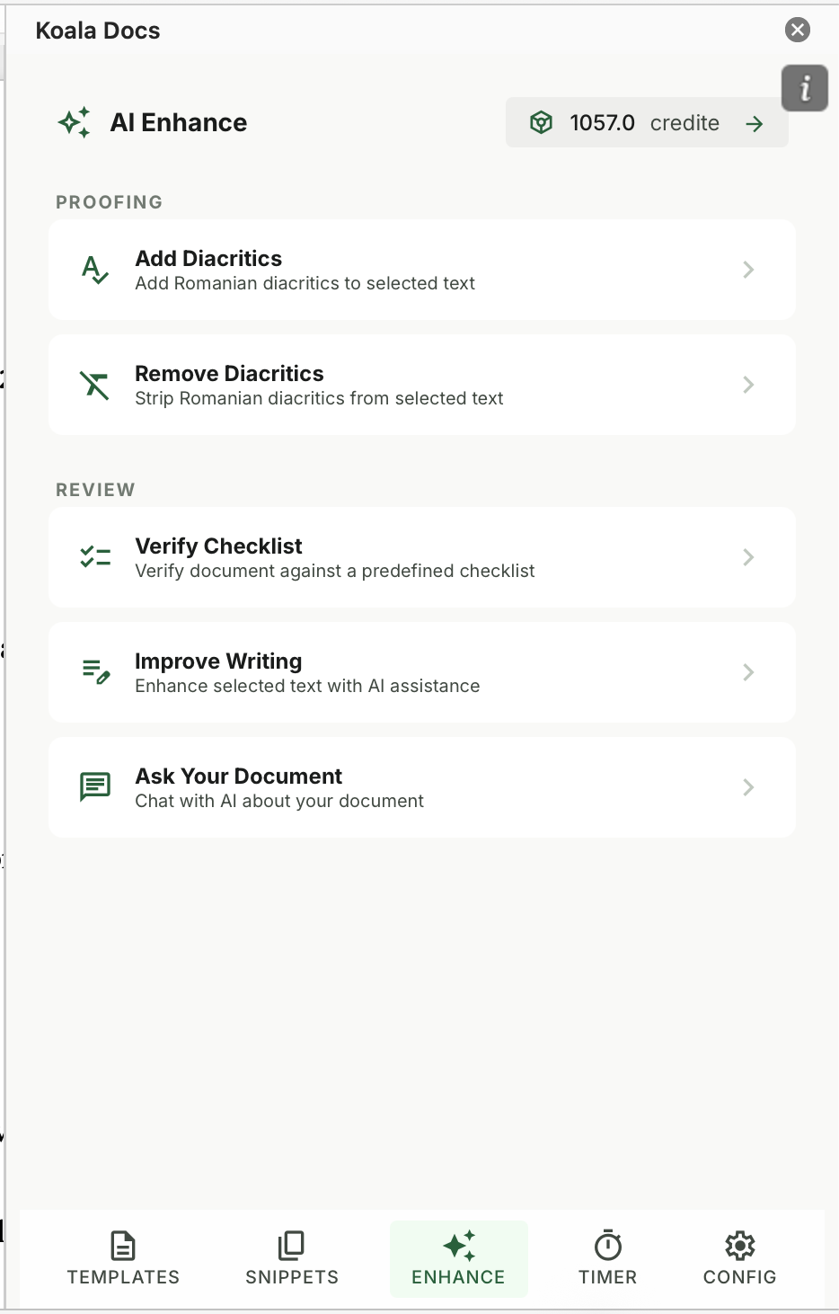 Koala Docs AI Enhance menu with diacritics, checklists, writing improvement and document chat