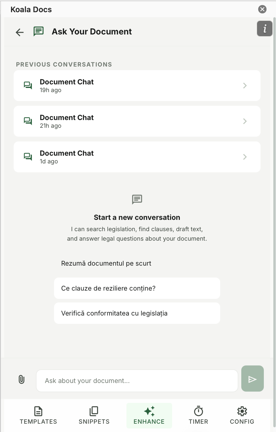 Koala Docs Ask Your Document chat interface for legal document analysis