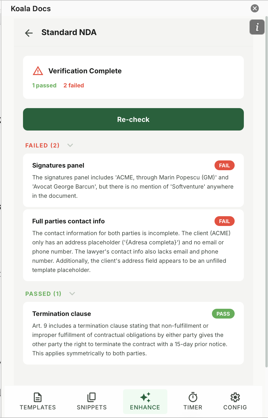 Koala Docs checklist verification results showing passed and failed compliance checks on an NDA