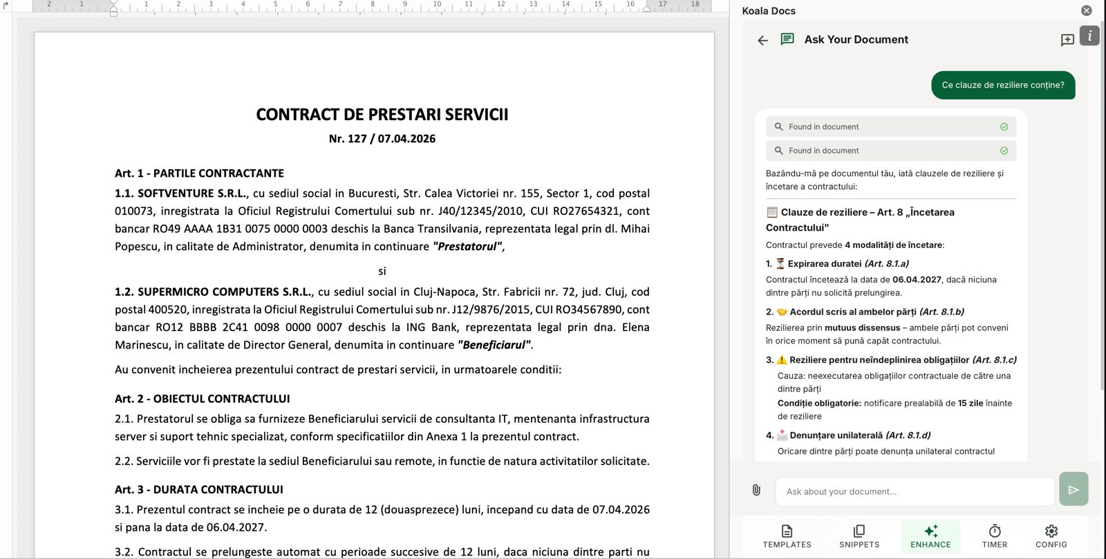 Koala Docs managing a service contract with Ask Your Document AI sidebar