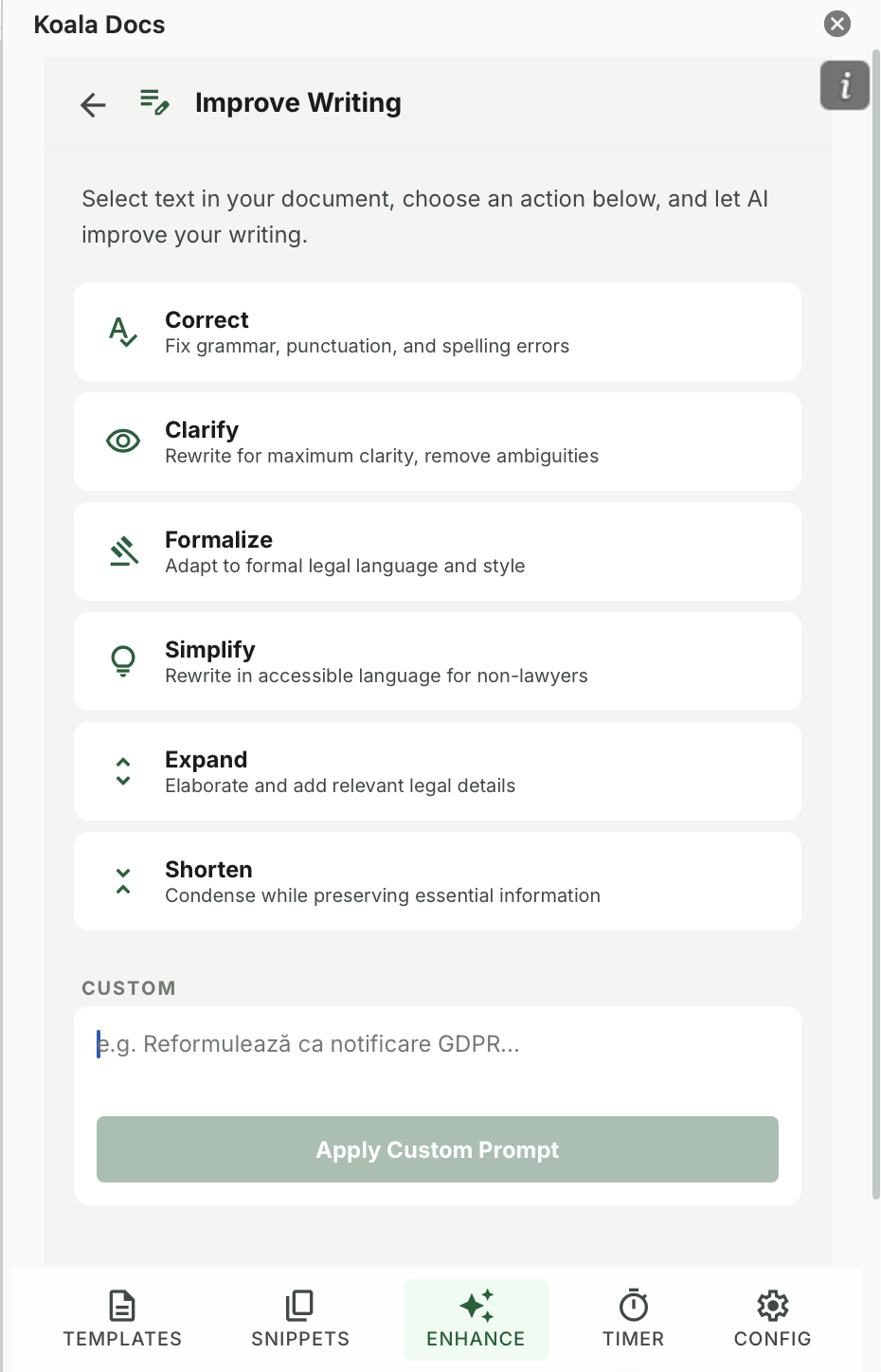 Koala Docs Improve Writing panel with AI options to correct, clarify, formalize and simplify text