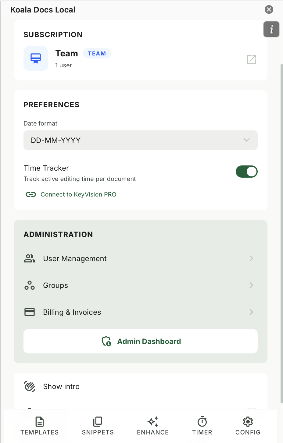 Koala Docs settings panel with time tracker toggle and team administration