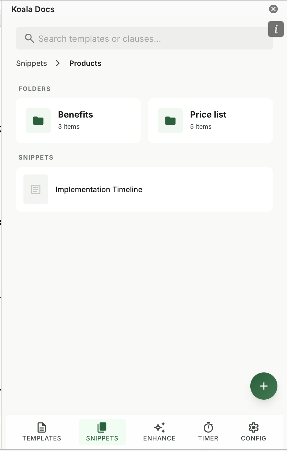Koala Docs snippets panel showing reusable content organized in folders