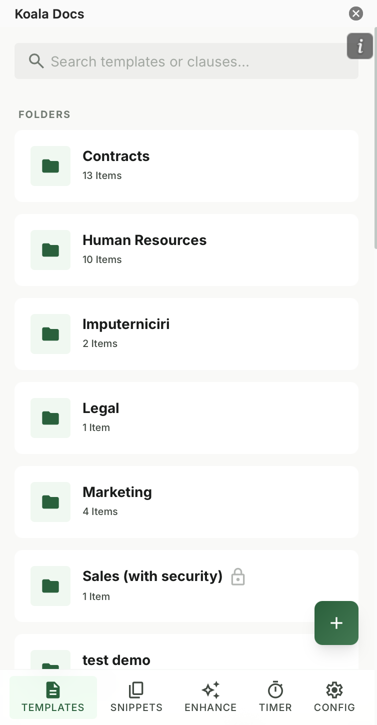 Koala Docs template library organized in folders