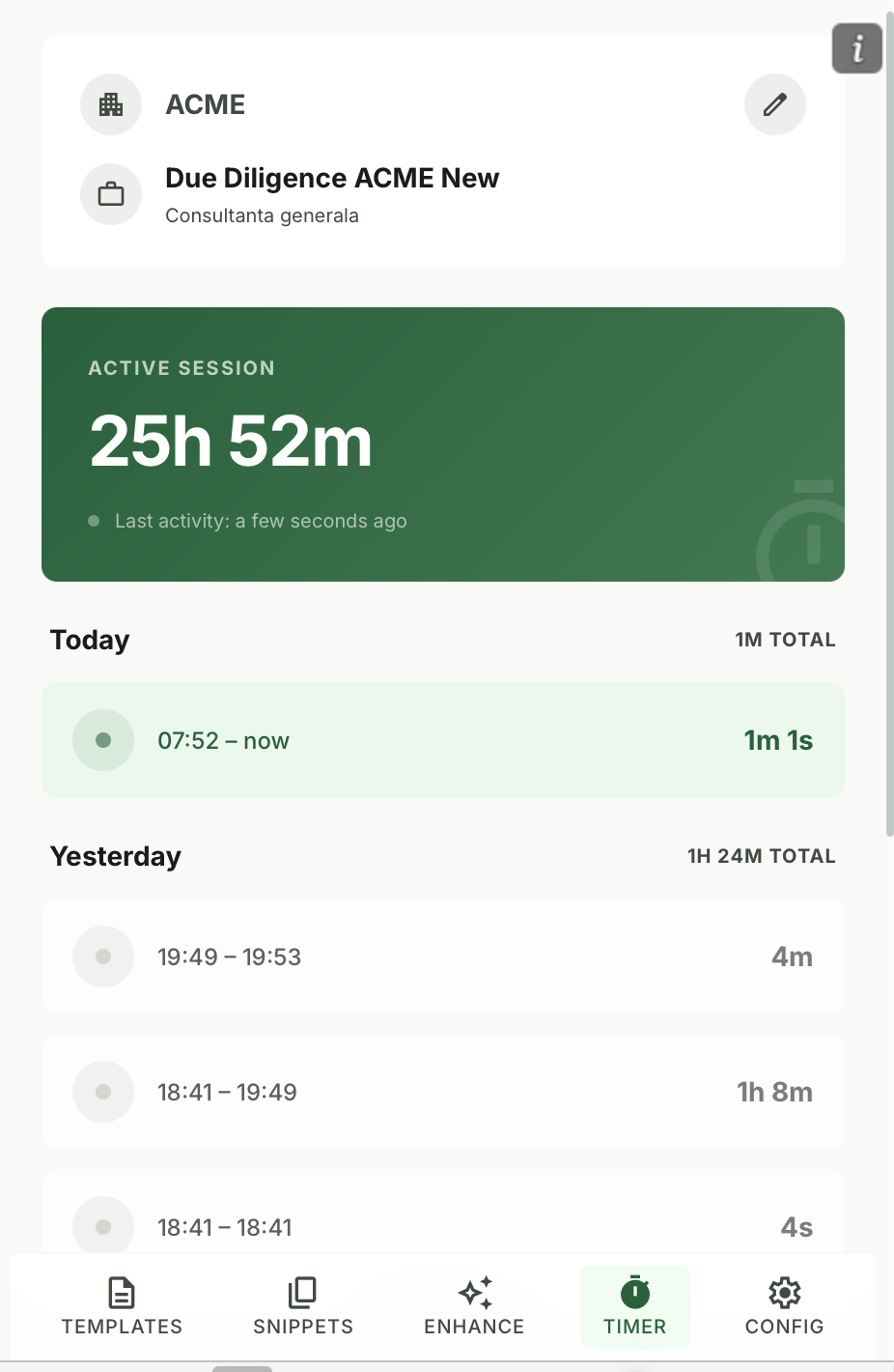 Koala Docs timer panel with active session, daily and historical time tracking