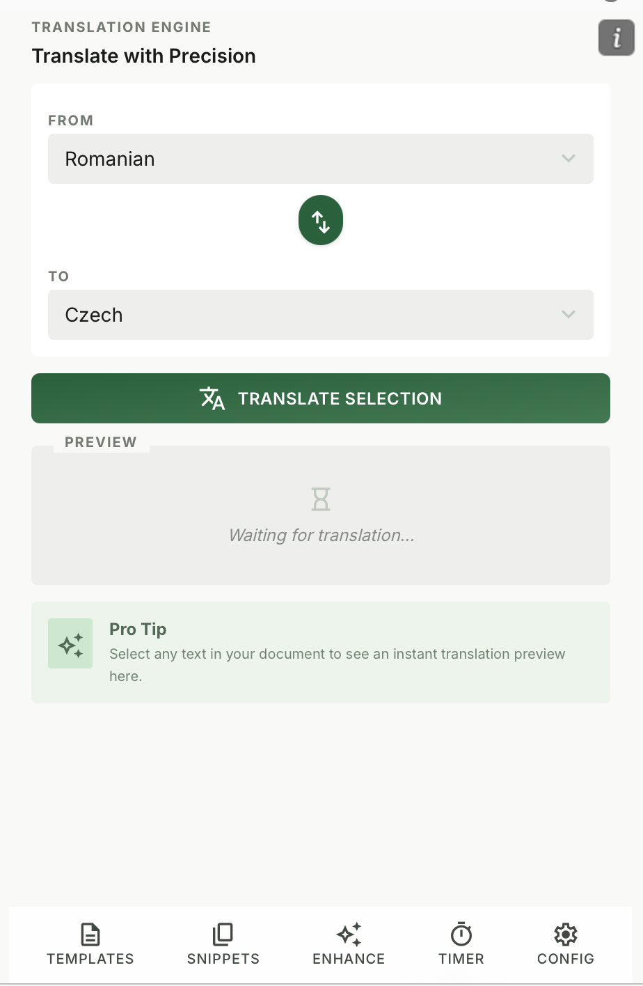 Koala Docs Translation Engine panel with language selection