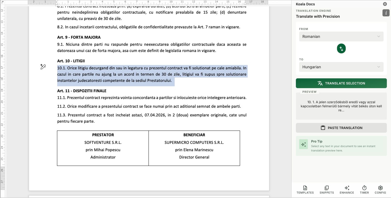 Koala Docs translation engine translating a contract from Romanian to Hungarian in Word