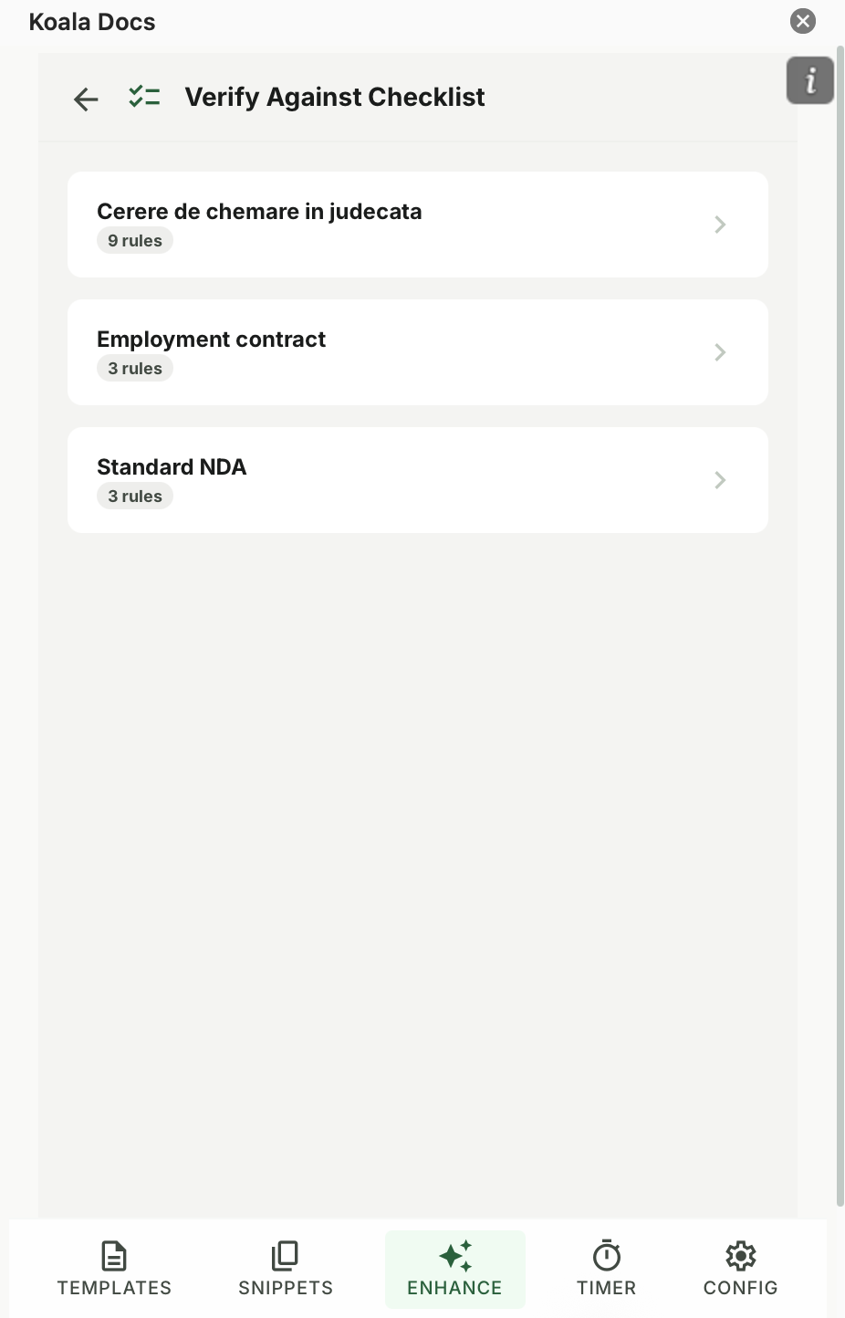 Koala Docs Verify Against Checklist feature with templates for NDA, employment contracts and legal documents
