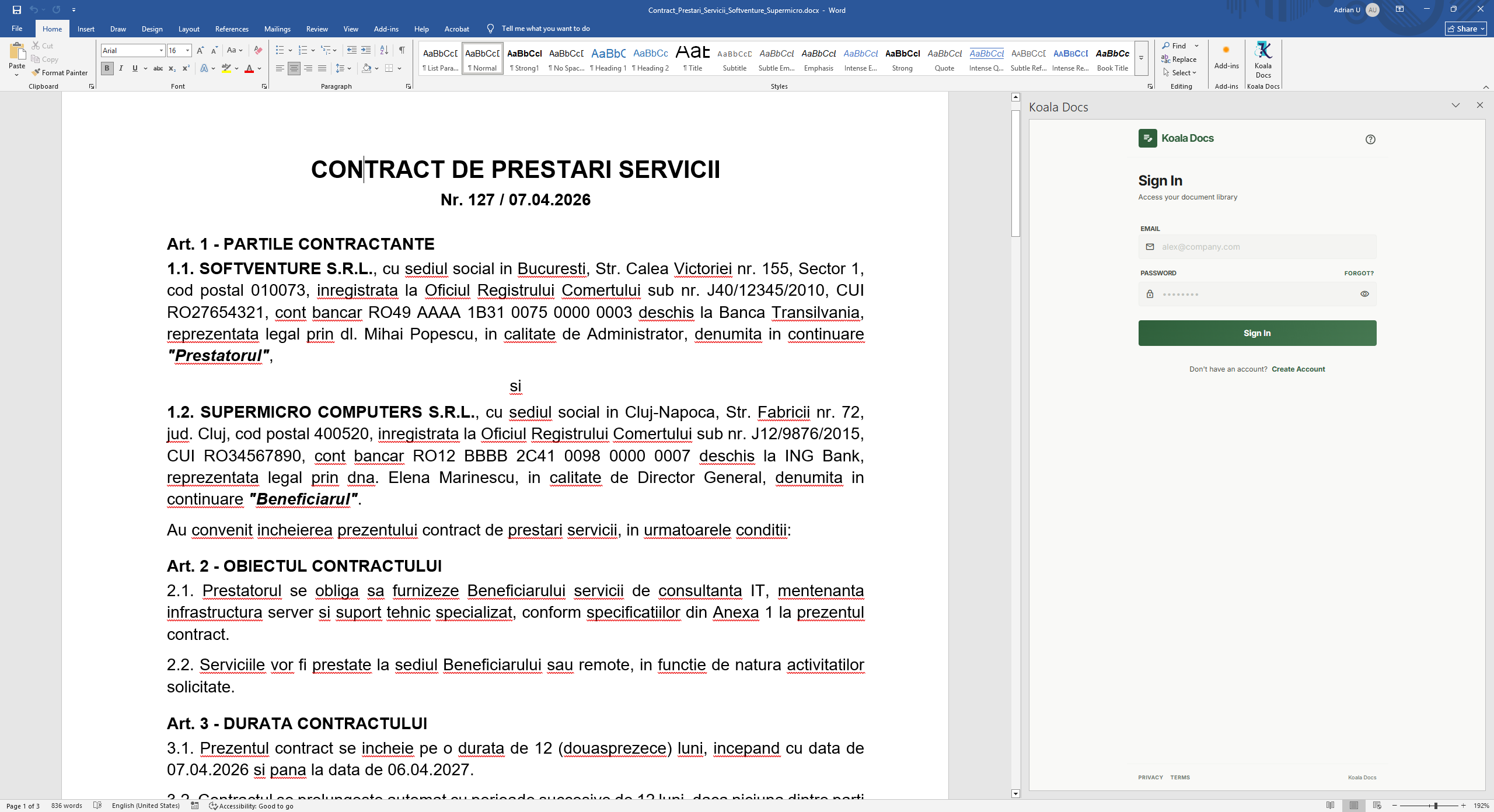 Koala Docs add-in installed in Microsoft Word with contract template